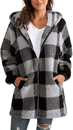 Women's Coat Plush Long Sleeve Plaid Hooded Zipper Pocket Loose Jacket Warm Jacket Fluffy Jacket Fluffy Jacket Fluffy Jacket