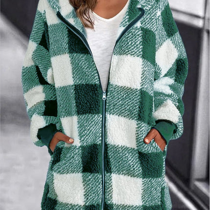 Women's Coat Plush Long Sleeve Plaid Hooded Zipper Pocket Loose Jacket Warm Jacket Fluffy Jacket Fluffy Jacket Fluffy Jacket