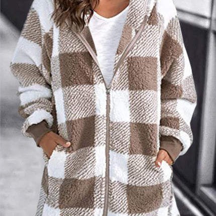 Women's Coat Plush Long Sleeve Plaid Hooded Zipper Pocket Loose Jacket Warm Jacket Fluffy Jacket Fluffy Jacket Fluffy Jacket