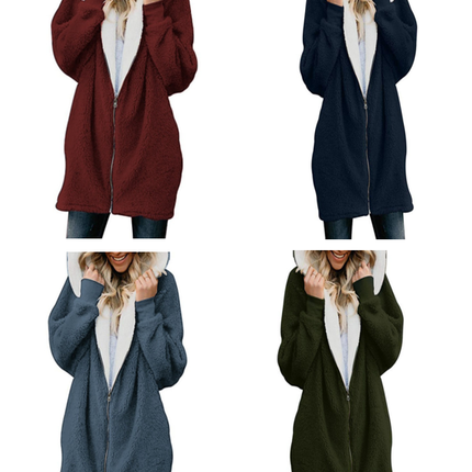 Women's long-sleeved thickened hooded lapel coat Parker medium-length coat fleece zipper jacket jacket