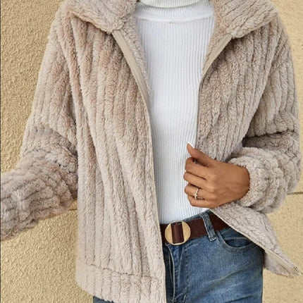 Autumn plush cardigan lapel jacket short jacket lapel zipper winter coat warm plush pit stripes fleece casual tops