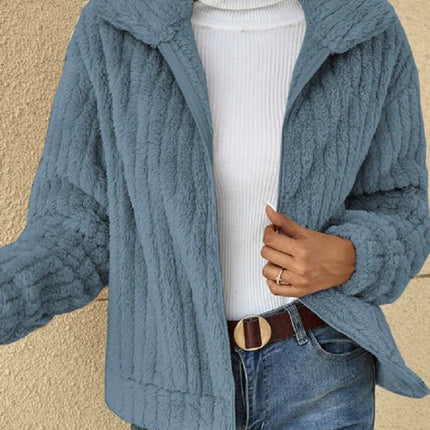 Autumn plush cardigan lapel jacket short jacket lapel zipper winter coat warm plush pit stripes fleece casual tops