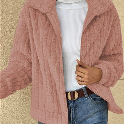 Autumn plush cardigan lapel jacket short jacket lapel zipper winter coat warm plush pit stripes fleece casual tops