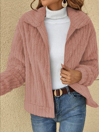 Autumn plush cardigan lapel jacket short jacket lapel zipper winter coat warm plush pit stripes fleece casual tops