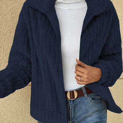 Autumn plush cardigan lapel jacket short jacket lapel zipper winter coat warm plush pit stripes fleece casual tops