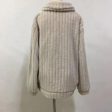 Autumn plush cardigan lapel jacket short jacket lapel zipper winter coat warm plush pit stripes fleece casual tops