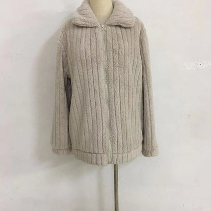 Autumn plush cardigan lapel jacket short jacket lapel zipper winter coat warm plush pit stripes fleece casual tops