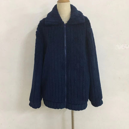 Autumn plush cardigan lapel jacket short jacket lapel zipper winter coat warm plush pit stripes fleece casual tops