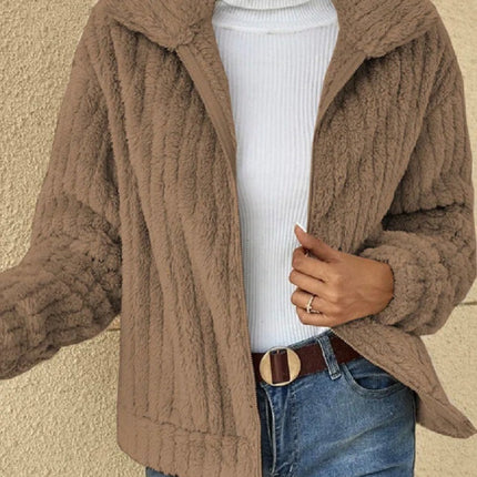 Autumn plush cardigan lapel jacket short jacket lapel zipper winter coat warm plush pit stripes fleece casual tops