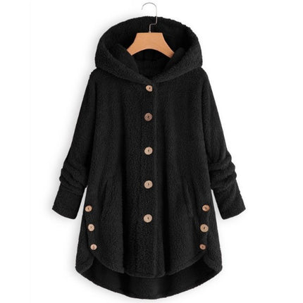 Women's autumn and winter plush hooded jacket buttons warm top irregular solid color leisure hooded jacket