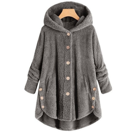 Women's autumn and winter plush hooded jacket buttons warm top irregular solid color leisure hooded jacket