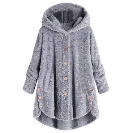 Women's autumn and winter plush hooded jacket buttons warm top irregular solid color leisure hooded jacket