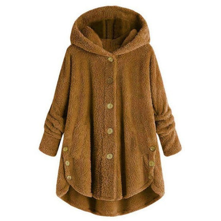 Women's autumn and winter plush hooded jacket buttons warm top irregular solid color leisure hooded jacket