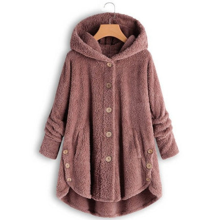 Women's autumn and winter plush hooded jacket buttons warm top irregular solid color leisure hooded jacket