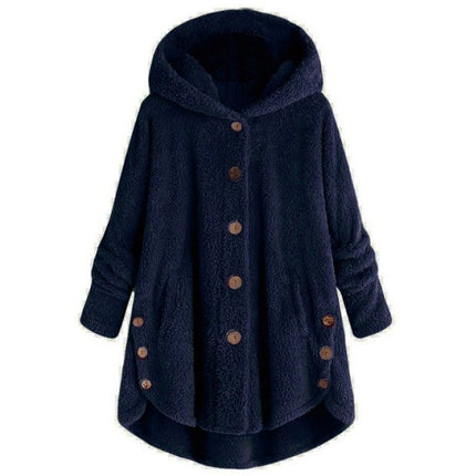 Women's autumn and winter plush hooded jacket buttons warm top irregular solid color leisure hooded jacket