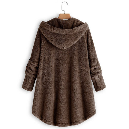 Women's autumn and winter plush hooded jacket buttons warm top irregular solid color leisure hooded jacket