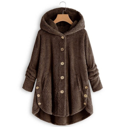 Women's autumn and winter plush hooded jacket buttons warm top irregular solid color leisure hooded jacket