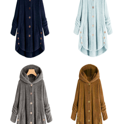 Women's autumn and winter plush hooded jacket buttons warm top irregular solid color leisure hooded jacket