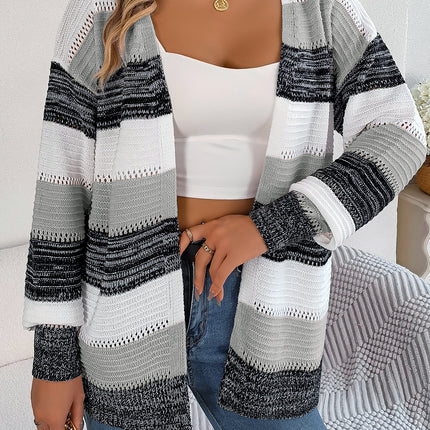 Women's winter knitted cardigan long-sleeved casual hollowed out cardigan casual lantern sleeve loose jacket fashion color-crossing striped tops