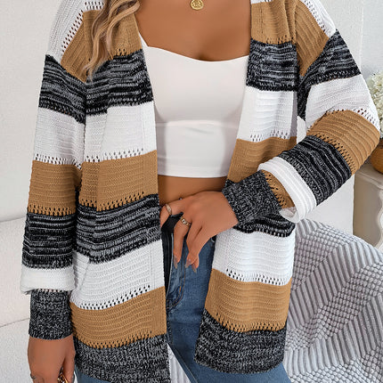 Women's winter knitted cardigan long-sleeved casual hollowed out cardigan casual lantern sleeve loose jacket fashion color-crossing striped tops