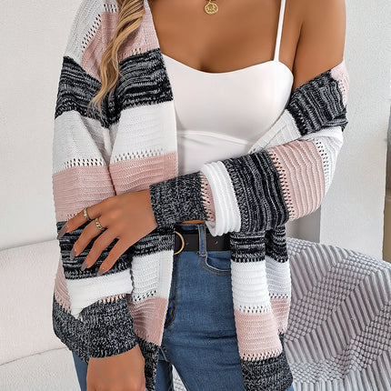 Women's winter knitted cardigan long-sleeved casual hollowed out cardigan casual lantern sleeve loose jacket fashion color-crossing striped tops