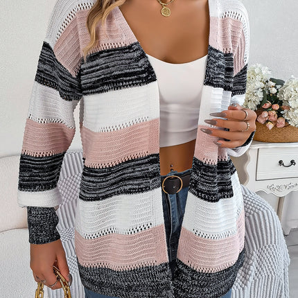 Women's winter knitted cardigan long-sleeved casual hollowed out cardigan casual lantern sleeve loose jacket fashion color-crossing striped tops