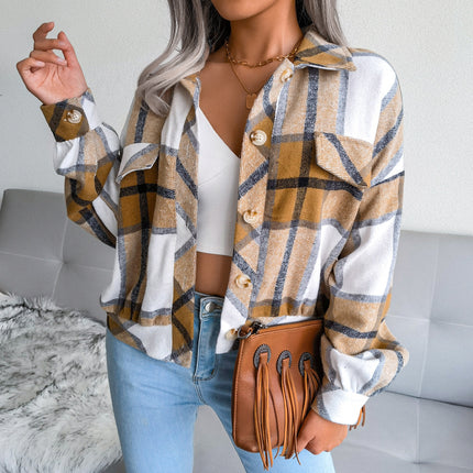 Ladies Autumn and Winter Plaid Lantern Long Sleeve Tweed Jacket Ladies Autumn Plaid Lantern Casual Tweed Jacket