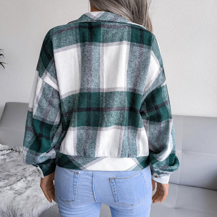 Ladies Autumn and Winter Plaid Lantern Long Sleeve Tweed Jacket Ladies Autumn Plaid Lantern Casual Tweed Jacket