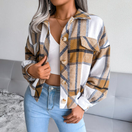 Ladies Autumn and Winter Plaid Lantern Long Sleeve Tweed Jacket Ladies Autumn Plaid Lantern Casual Tweed Jacket