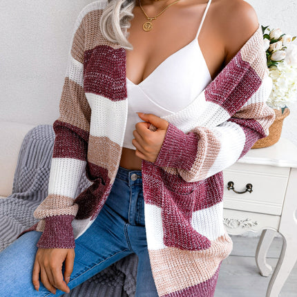 Cardigan Women's Casual Lantern Sleeve Clashing Color Splicing Stripe Knit Cardigan Sweater Jacket Pullover Outerwear