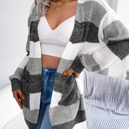 Cardigan Women's Casual Lantern Sleeve Clashing Color Splicing Stripe Knit Cardigan Sweater Jacket Pullover Outerwear