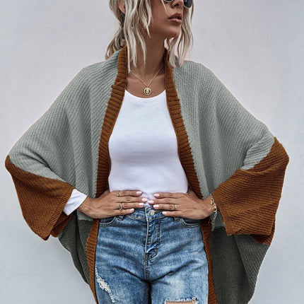 Women's Color Block Shawl Sweaters Open Front Knitted Shawl Cape Coats Casual Oversized Batwing Sleeve Cardigans