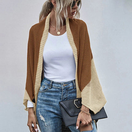 Women's Color Block Shawl Sweaters Open Front Knitted Shawl Cape Coats Casual Oversized Batwing Sleeve Cardigans