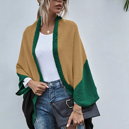 Women's Color Block Shawl Sweaters Open Front Knitted Shawl Cape Coats Casual Oversized Batwing Sleeve Cardigans