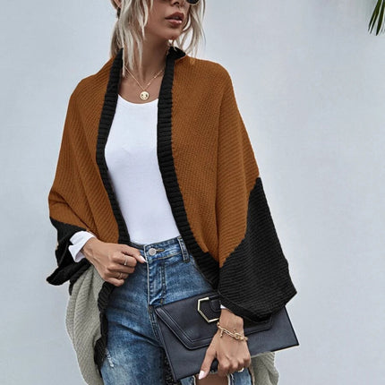 Women's Color Block Shawl Sweaters Open Front Knitted Shawl Cape Coats Casual Oversized Batwing Sleeve Cardigans