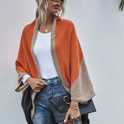 Women's Color Block Shawl Sweaters Open Front Knitted Shawl Cape Coats Casual Oversized Batwing Sleeve Cardigans