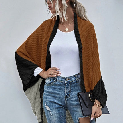 Women's Color Block Shawl Sweaters Open Front Knitted Shawl Cape Coats Casual Oversized Batwing Sleeve Cardigans