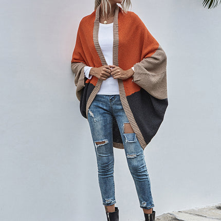 Women's Color Block Shawl Sweaters Open Front Knitted Shawl Cape Coats Casual Oversized Batwing Sleeve Cardigans