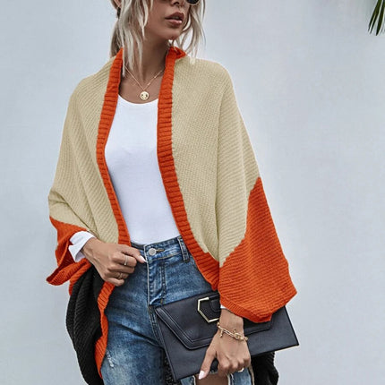 Women's Color Block Shawl Sweaters Open Front Knitted Shawl Cape Coats Casual Oversized Batwing Sleeve Cardigans