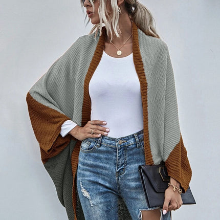 Women's Color Block Shawl Sweaters Open Front Knitted Shawl Cape Coats Casual Oversized Batwing Sleeve Cardigans