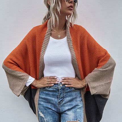 Women's Color Block Shawl Sweaters Open Front Knitted Shawl Cape Coats Casual Oversized Batwing Sleeve Cardigans