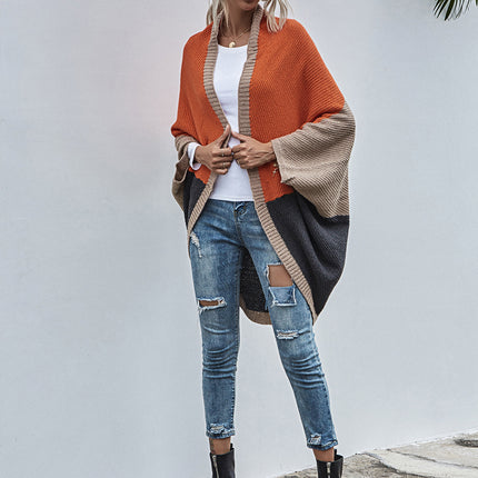 Women's Color Block Shawl Sweaters Open Front Knitted Shawl Cape Coats Casual Oversized Batwing Sleeve Cardigans