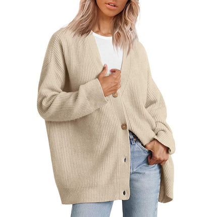 Women's Simple Peplum Knit Women's Button V-Neck Solid Color Cardigan Women's Sweater