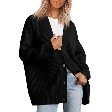 Women's Simple Peplum Knit Women's Button V-Neck Solid Color Cardigan Women's Sweater