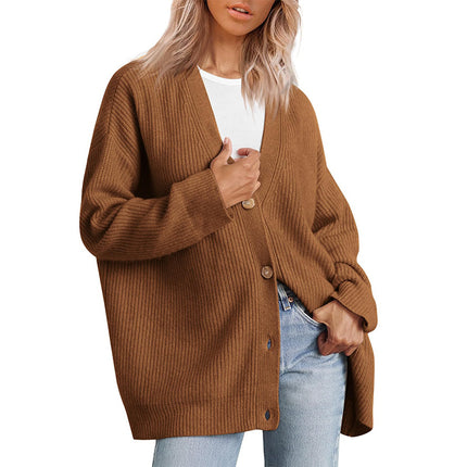 Women's Simple Peplum Knit Women's Button V-Neck Solid Color Cardigan Women's Sweater