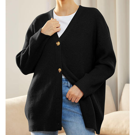 Women's Simple Peplum Knit Women's Button V-Neck Solid Color Cardigan Women's Sweater