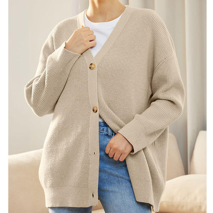 Women's Simple Peplum Knit Women's Button V-Neck Solid Color Cardigan Women's Sweater