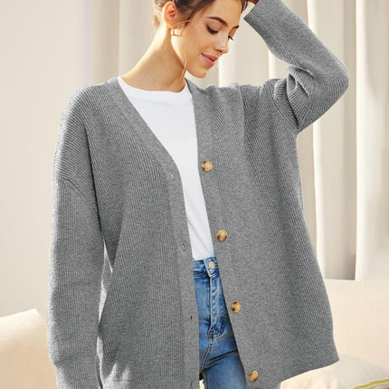 Women's Simple Peplum Knit Women's Button V-Neck Solid Color Cardigan Women's Sweater