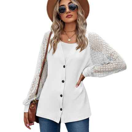 Autumn Women's Cardigan Tops Solid Color Loose Button Lace Splicing Tops Loose Single Breasted Cardigan Tops