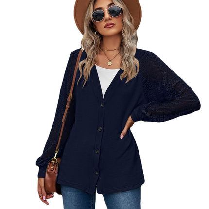 Autumn Women's Cardigan Tops Solid Color Loose Button Lace Splicing Tops Loose Single Breasted Cardigan Tops